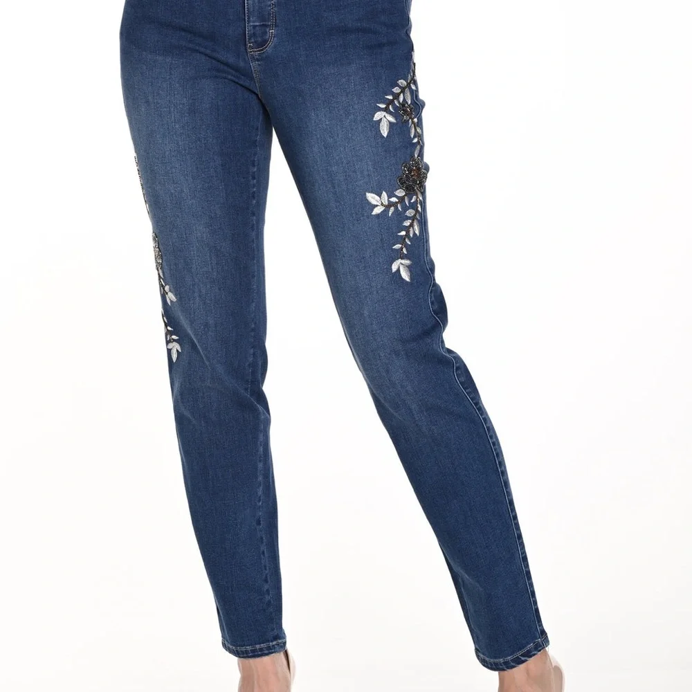 Sz S Frank Lyman Design Blue Embroidered Straight Leg Jeans - Picture 2 of 15